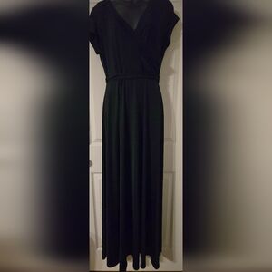 Janette Black Faux Wrap Belted Aline Maxi Poly/spandex Dress Approx L/XL